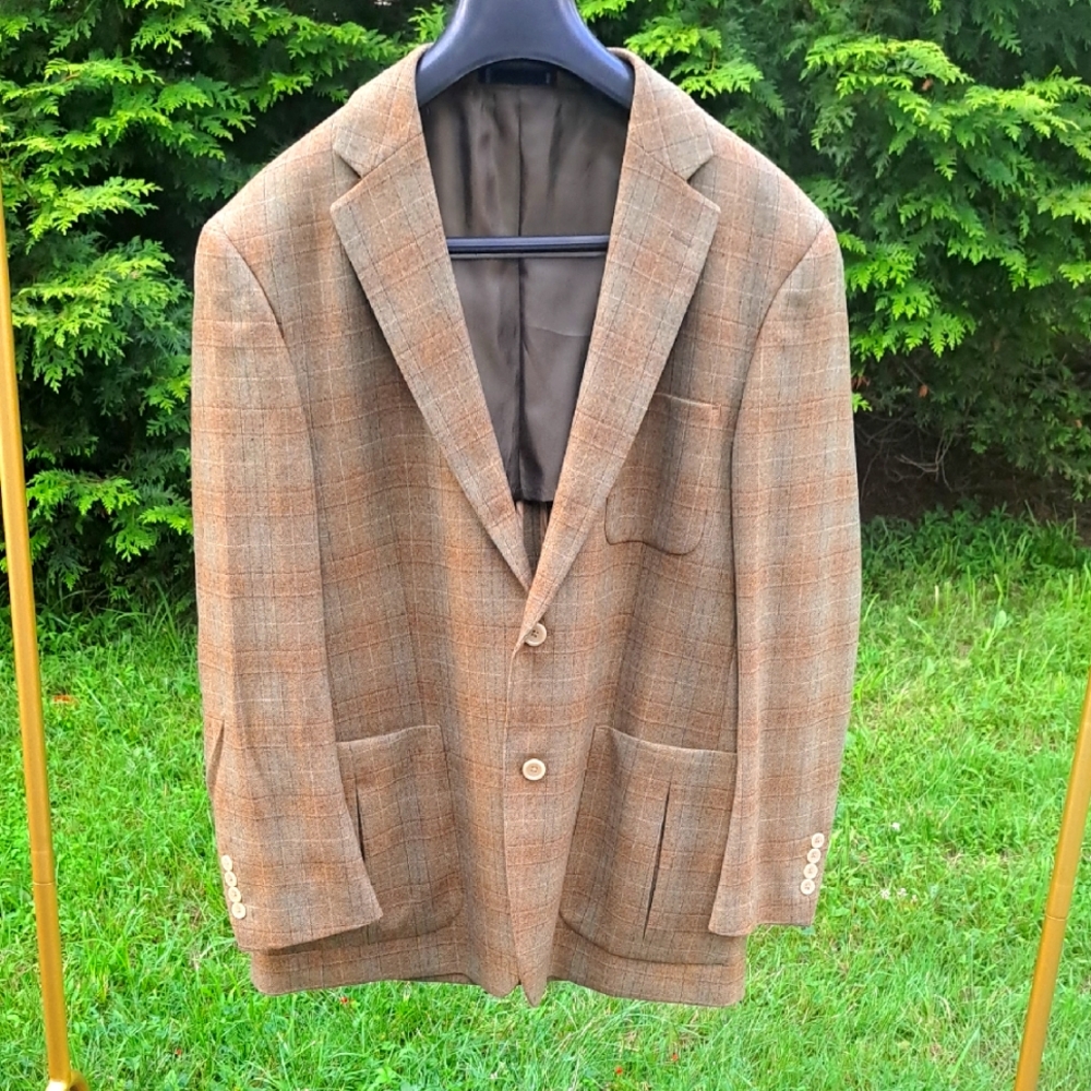 Paul Fredrick Wool Brown Sport Coat with Classic Plaid Design